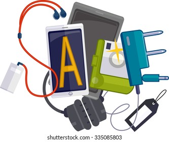 Illustration mit verschiedenen Gadgets, die den Word-Verkauf bilden