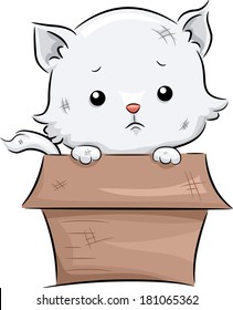 Illustration Featuring a Dirty White Cat Sitting in an Equally Dirty Box