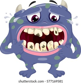 Illustration Featuring a Distressed Blue Monster Worrying Over the Cavities on His Teeth