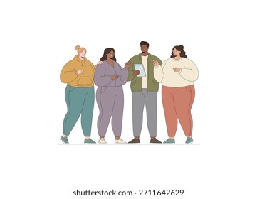 Uma ilustração apresentando um grupo diversificado de quatro indivíduos, incluindo pessoas de várias etnias e tipos de corpo, de pé juntos e se engajando na conversa.