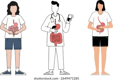Ilustração com um médico com um telefone e dois pacientes mostrando o sistema digestivo em suas camisas, enfatizando a saúde intestinal e consulta médica.
