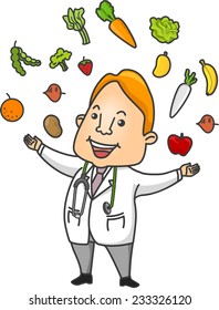 Illustration Featuring a Doctor Surrounded by Fruits and Vegetables He Recommends