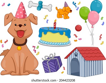 Illustration Featuring a Dog Surrounded by Different Birthday-Related Objects