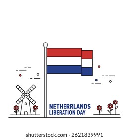 Illustration featuring the Dutch flag, a windmill, and flowers, commemorating Netherlands Liberation Day. The design is clean and celebratory.