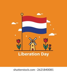 Illustration featuring the Dutch flag, a windmill, and tulips, celebrating Liberation Day with a minimalist design.