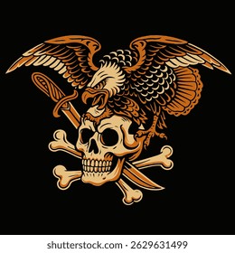 Illustration featuring an eagle perched on a skull with crossed bones and a sword ideal for tattoo designs or art prints.