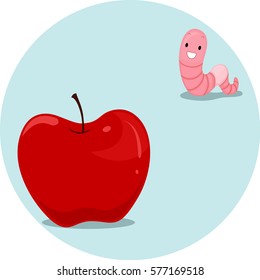 Illustration Featuring an Earthworm and an Apple Demonstrating the Meaning of the Word Far