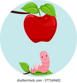 Illustration Featuring an Earthworm and an Apple Demonstrating the Meaning of the Word Below