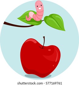 Illustration Featuring an Earthworm and an Apple Demonstrating the Meaning of the Word Above