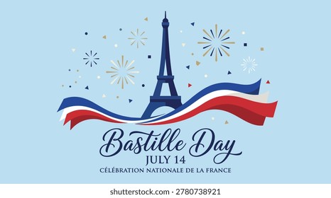 Illustration featuring the Eiffel Tower, French flag, and festive fireworks for Bastille Day celebration.