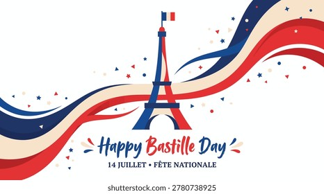 Illustration featuring the Eiffel Tower with French flag colors and festive elements for Bastille Day celebration