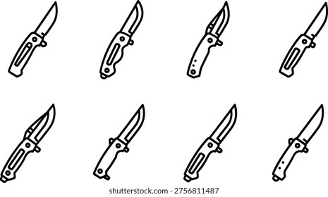 An illustration featuring eight pocket knives with different blade and handle designs, displayed in two rows on a plain background.