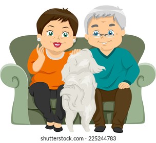 Illustration Featuring an Elderly Couple Petting Their Dog