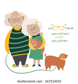 Illustration Featuring an Elderly Couple With Their Dog