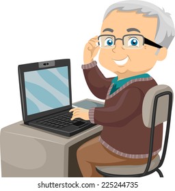Illustration Featuring an Elderly Male Using the Computer