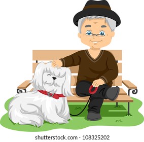 Illustration Featuring an Elderly Man Taking His Dog for a Walk