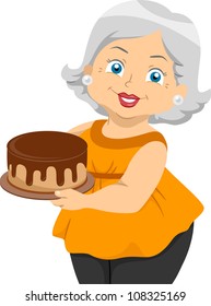Illustration Featuring an Elderly Woman Holding a Cake