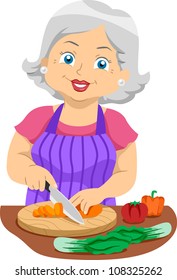 Illustration Featuring an Elderly Woman Slicing Veggies