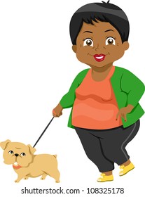 Illustration Featuring an Elderly Woman Taking Her Dog for a Walk