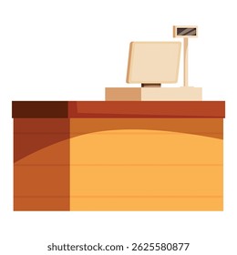 Ilustração com uma caixa registradora vazia sobre uma bancada de madeira, representando um ponto de venda em um ambiente de varejo