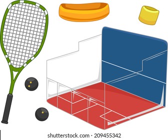 Illustration Featuring Equipment Used for Playing Squash