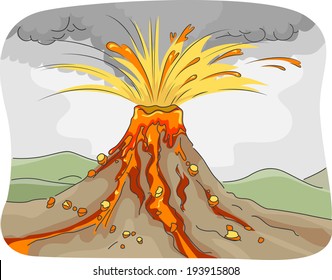 Illustration Featuring an Erupting Volcano Spewing Lava, Ashes, and Rocks