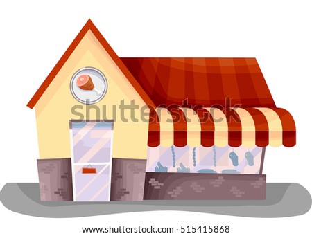 Illustration Featuring the Facade of a Small Meat Shop Complete with Window Display and a Store Logo