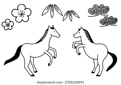 Una ilustración que presenta caballos enfrentados y un dibujo lineal de pino, bambú y ciruela.