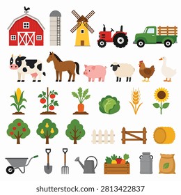 Illustration featuring farm animals and rural objects in vibrant vector style