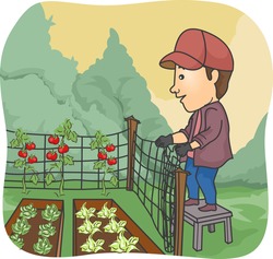 Illustration Featuring A Farmer Erecting A Fence Around His Vegetable Garden