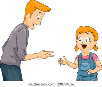 Illustration Featuring a Father and Daughter Playing Rock, Paper, and Scissors