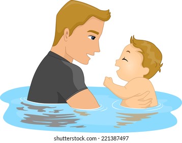 Illustration Featuring a Father and Son Taking a Swim