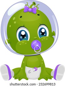 Illustration Featuring a Female Baby Alien in Diapers Sucking a Pacifier