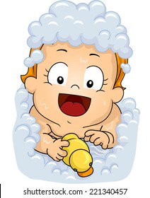 Illustration Featuring a Female Baby Playing With a Rubber Duckie While Soaking in a Bubble Bath