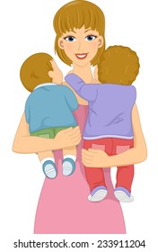 Illustration Featuring a Female Babysitter Carrying Babies in Her Arms