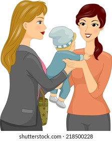 Illustration Featuring a Female Babysitter Taking a Baby From its Mother