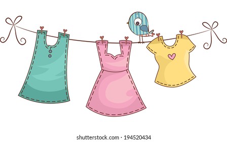 Illustration Featuring Female Clothing Hanging on a Clothes Line