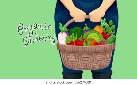 Illustration Featuring a Female Gardener Carrying a Basket Full of Freshly Harvested Organic Fruits and Vegetables