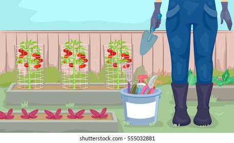 Illustration Featuring a Female Gardener Standing Beside a Plot of Plants and a Bucket of Gardening Tools