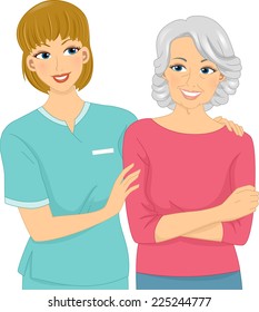 Illustration Featuring a Female Nurse and Her Elderly Patient