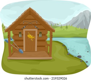 Illustration Featuring a Fishing Cabin Near a Lake