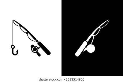Illustration featuring a fishing pole, hook, and reel presented as distinct black and white emblems on split contrasting backgrounds.