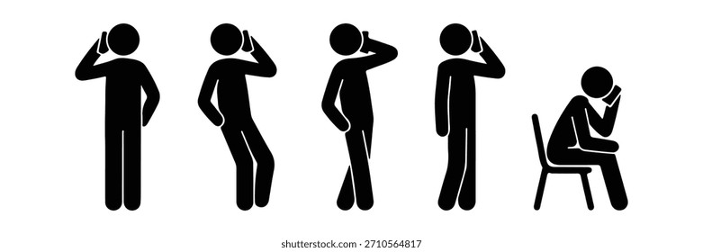Illustration featuring five black stick figures. Four figures are standing using their mobile phones while the fifth one is sitting in a chair and using a mobile phone.