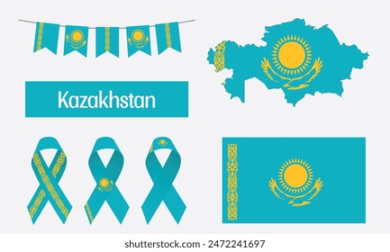 An illustration featuring the flag of Kazakhstan, the country's map, and national symbols, including ornaments and ribbons, reflecting the cultural heritage and patriotism of Kazakhstan