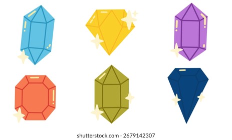 An illustration featuring a flat style collection of crystal, mineral, and gemstone in various colors and shapes on a white background.