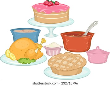 Illustration Featuring Food Commonly Brought On Potluck Parties