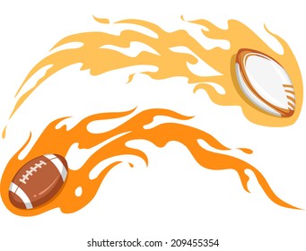 Illustration Featuring a Football and a Rugby Ball Covered in Flames