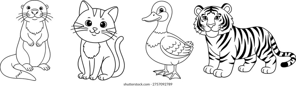 An illustration featuring four animals, including a cat, tiger, chicken, and another feline, all in black and white.