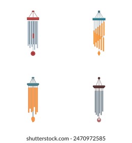 Illustration featuring four different designs of colorful wind chimes isolated on a white background