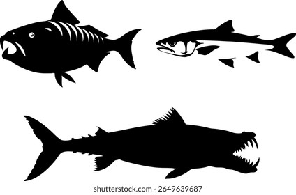 An illustration featuring four different fish silhouettes, isolated on a white background.